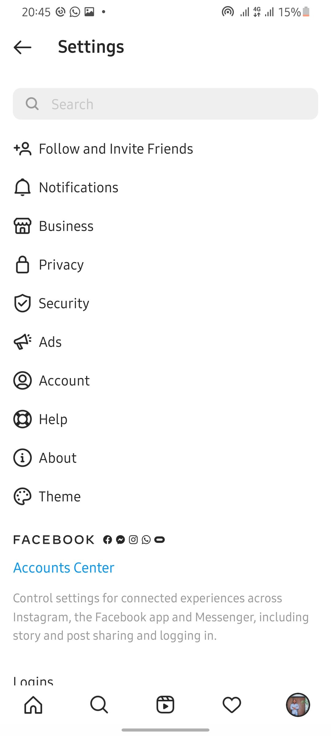 меню настроек Instagram с приватностью