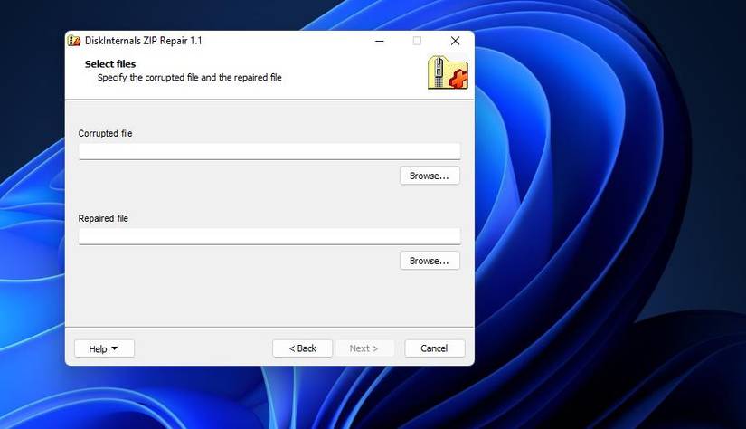 Окно DiskInternals ZIP Repair с выбором файла для восстановления