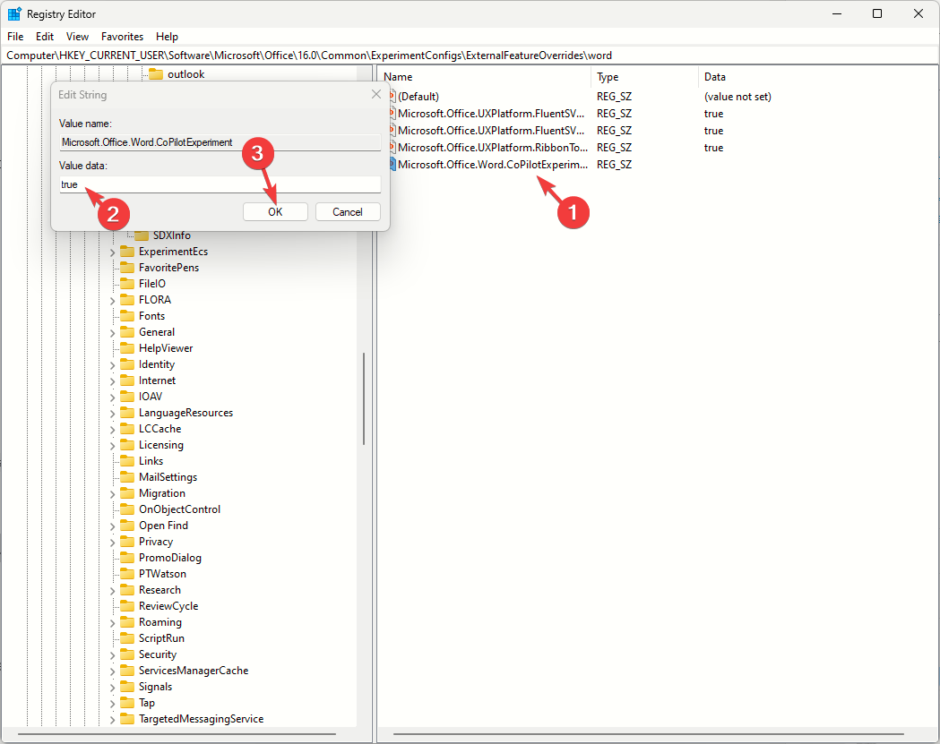 Установка значения true для запуска эксперимента Copilot