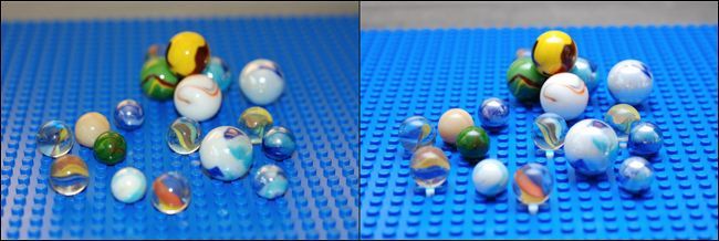 Марблсы: блестящие стеклянные шарики показывают блики и тени при прямой и рассеянной вспышке