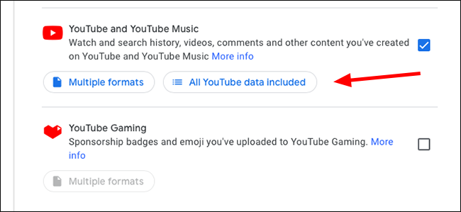 Окно выбора типов данных YouTube для экспорта