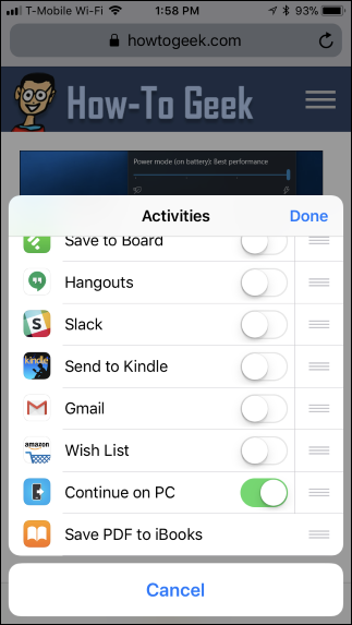 Иконка Continue on PC в меню Поделиться на iPhone