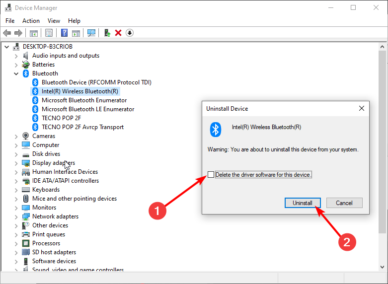 Опция удаления драйвера Intel Wireless Bluetooth