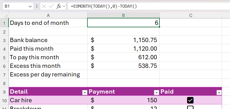 Le funzioni EOMONTH e TODAY usate in Excel per calcolare i giorni rimanenti nel mese corrente.