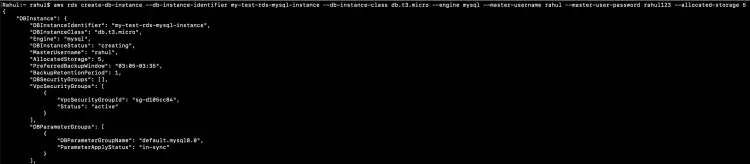 Создание RDS MySQL-инстанса: пример вывода aws-cli