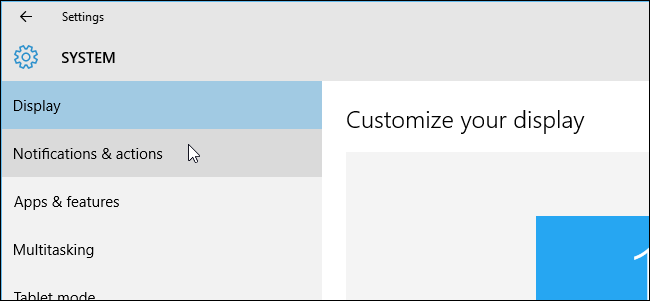 Opção Notificações e ações