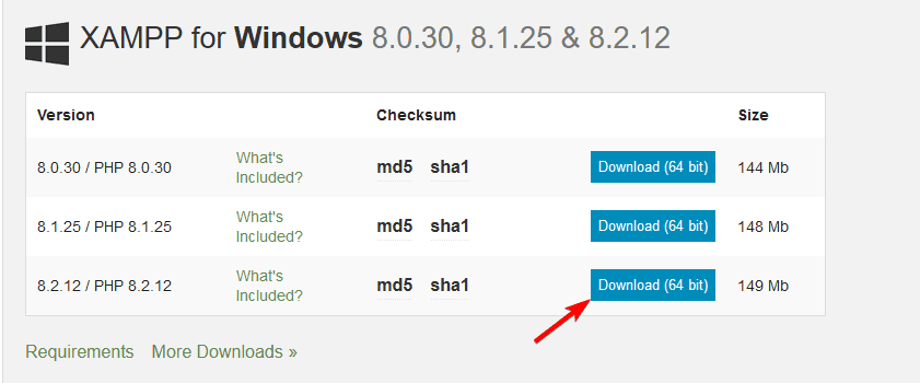 Кнопка скачивания XAMPP (Download 64 bit) на сайте