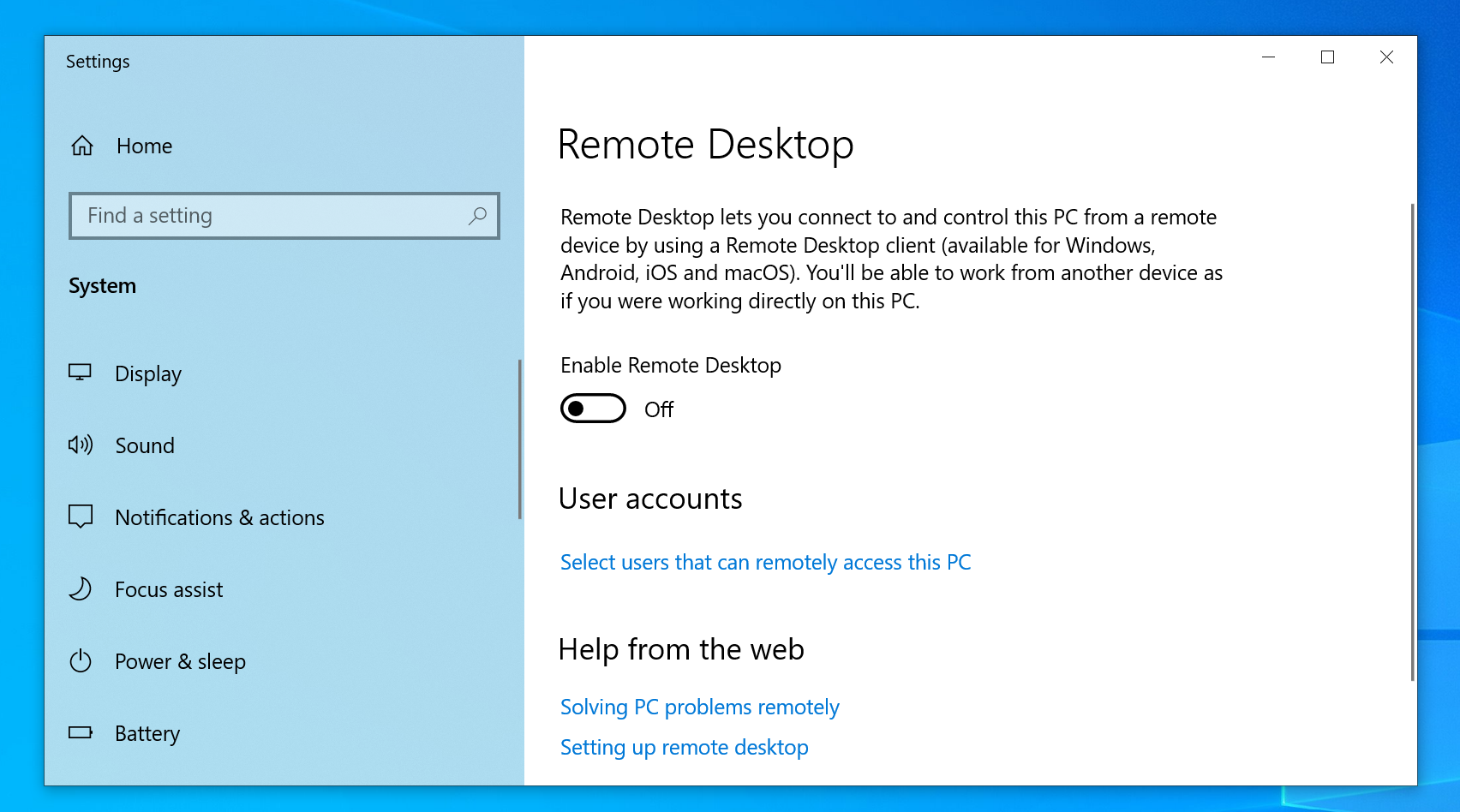 Параметры Удалённого рабочего стола: переключатель включения.