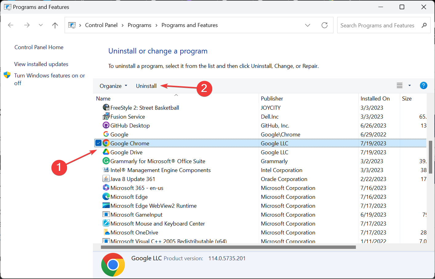 Окно удаления программы для Google Chrome