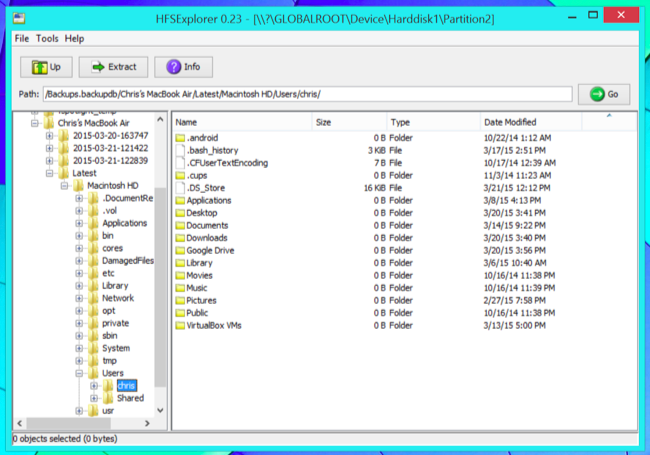 Процесс извлечения файлов из Time Machine в HFSExplorer