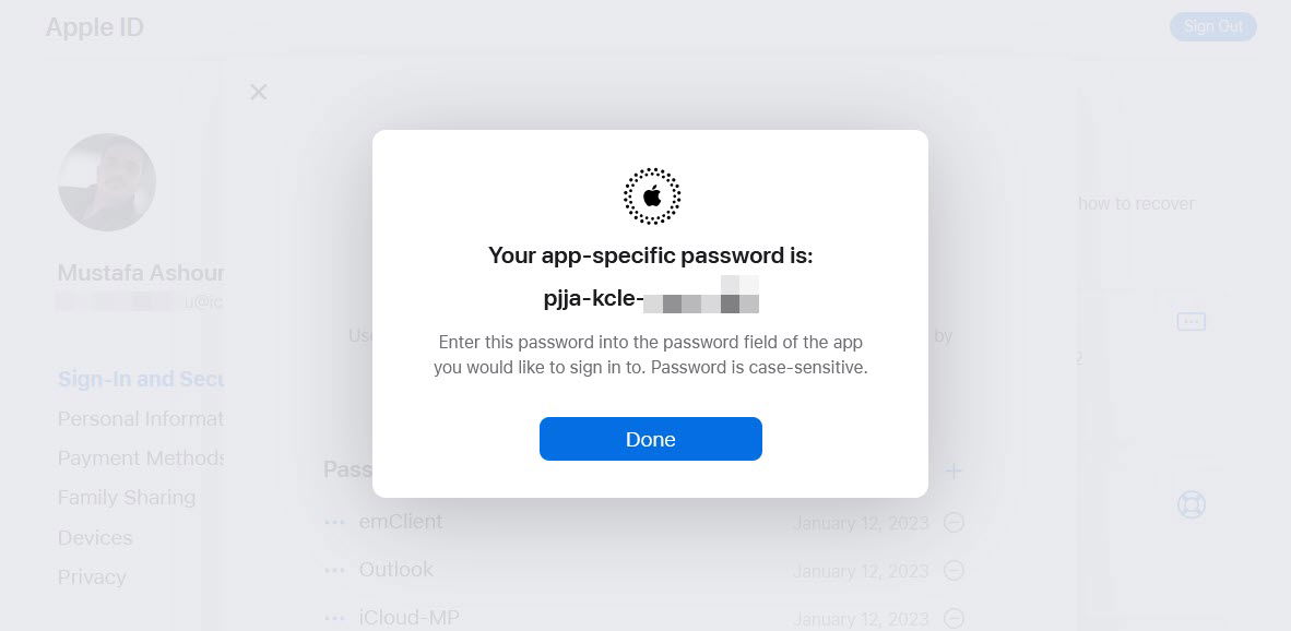 App specific password has been generated.