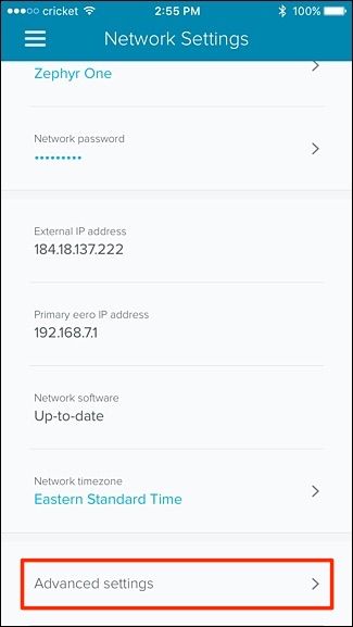 Экран с кнопкой Дополнительные настройки в приложении Eero