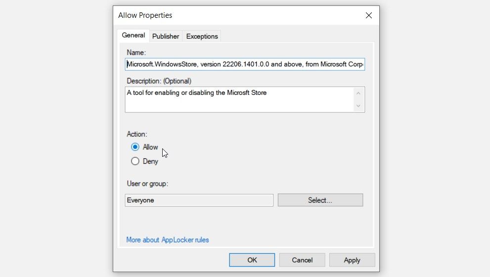 Повторное разрешение Microsoft Store в Локальной политике безопасности
