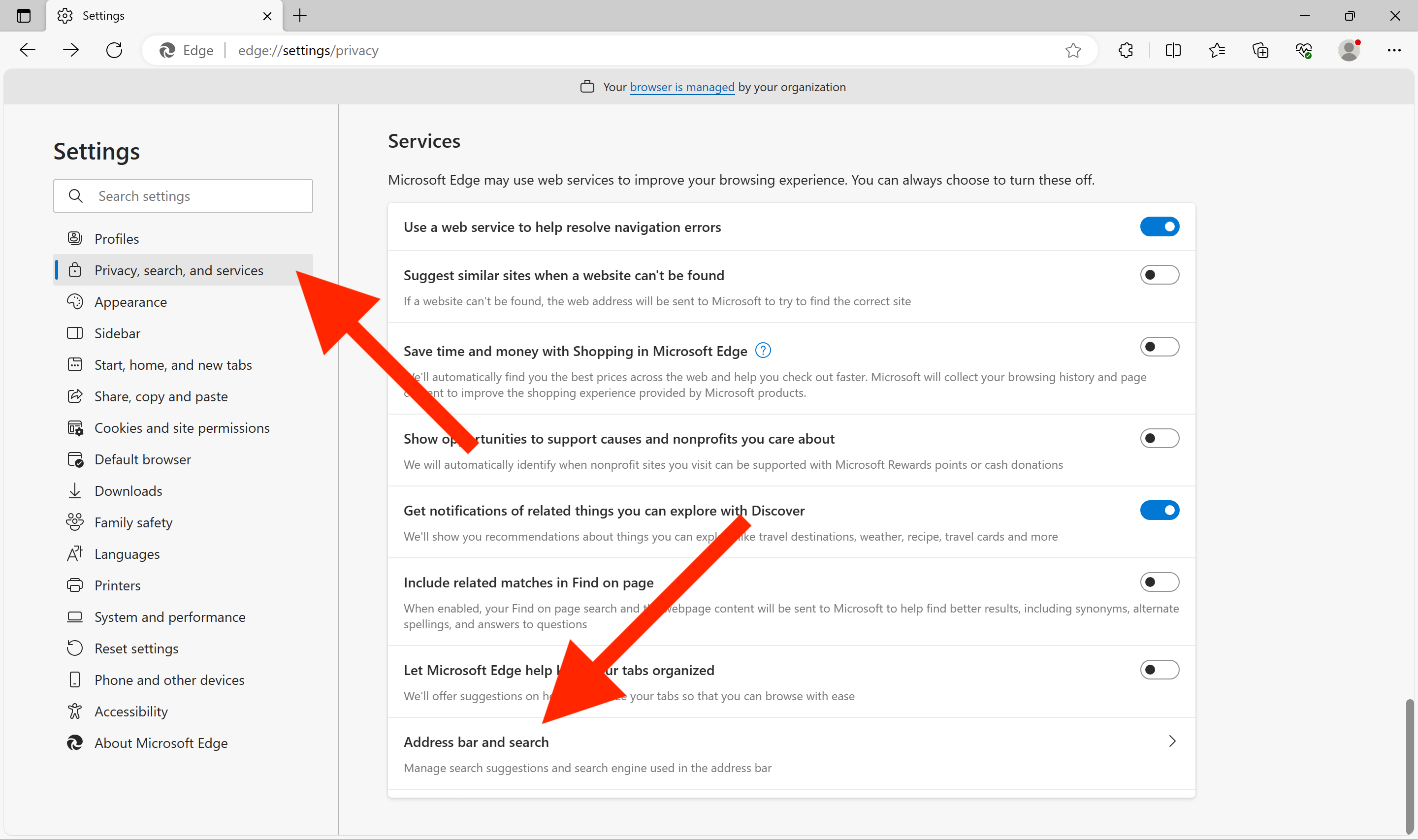Настройки поиска в Microsoft Edge