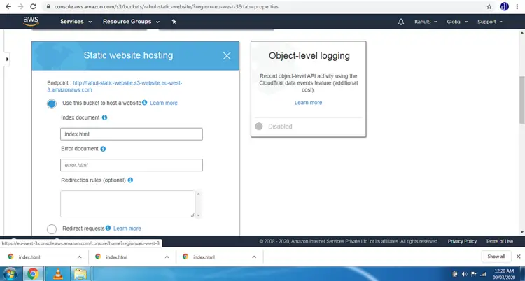 Настройки статического веб-хостинга для бакета S3