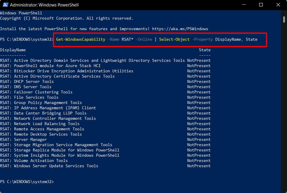 설치된 RSAT 패키지 목록을 보여주는 PowerShell 화면