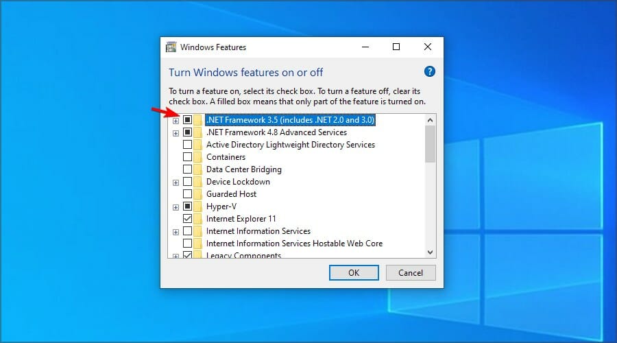Снятие флажка с .NET Framework 3.5 в компонентах Windows