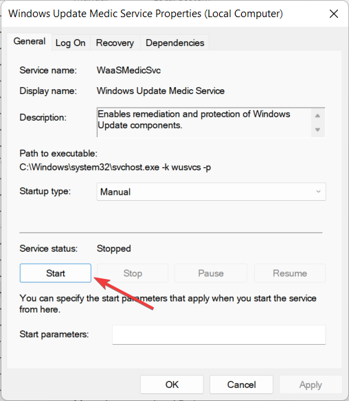 Свойства службы Windows Update Medic Service