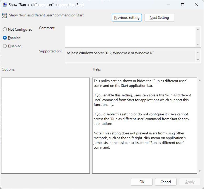 Редактирование политики Показывать команду Запуск от другого пользователя в gpedit