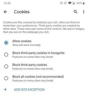 Выбор разрешений cookie в Chrome
