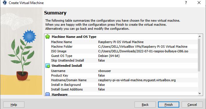 Сводка параметров виртуальной машины перед созданием