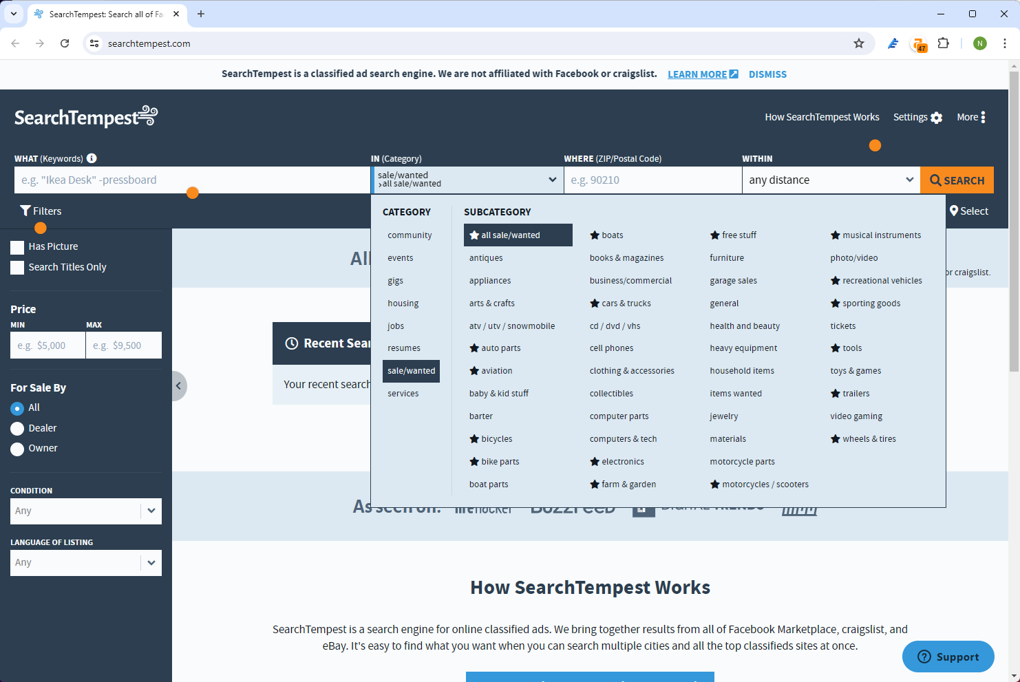 SearchTempest has an incredible array of sorting features and filters.
