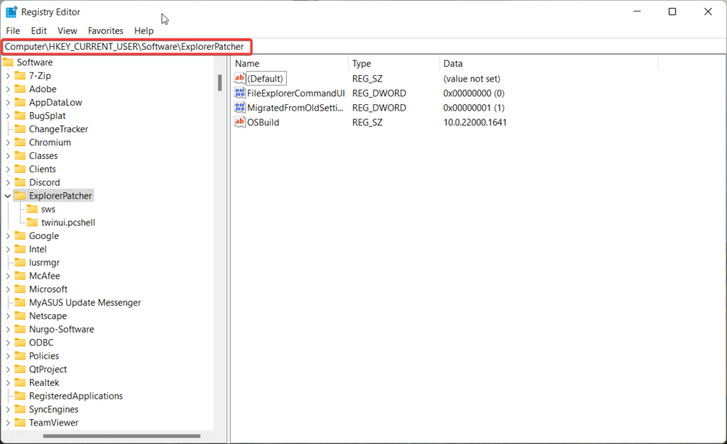 Editor do Registro apontando para chave ExplorerPatcher