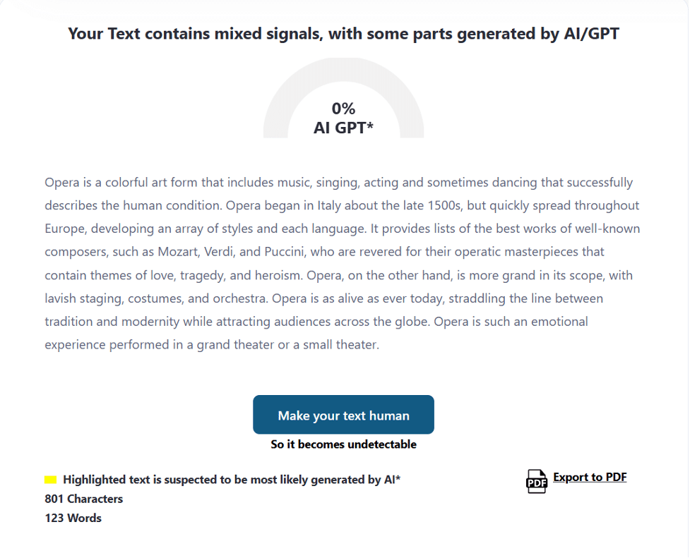 Результат сканирования ZeroGPT: текст после humanize показывает высокий Human-скор