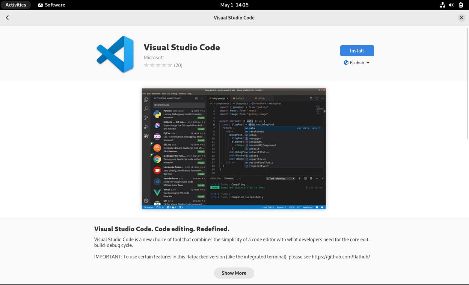 Детали пакета Visual Studio Code в менеджере приложений Arch Linux