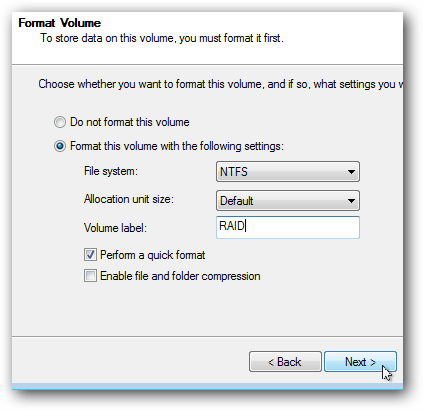 Параметры форматирования нового тома