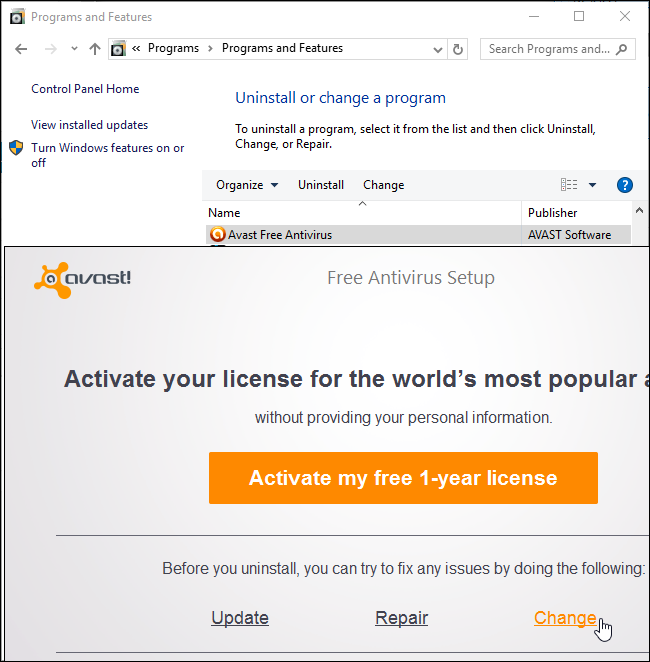 Изображение: выбор компонентов при изменении установки Avast