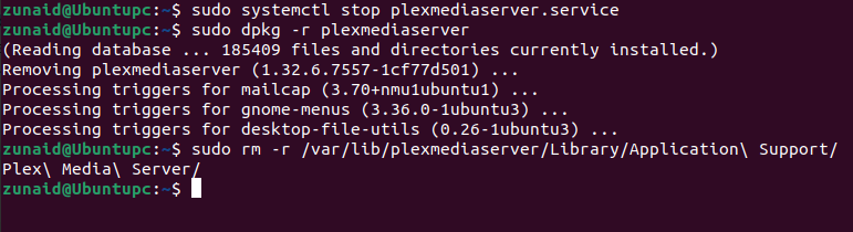 Linux terminal displaying the systemctl command to stop the Plex Media Server