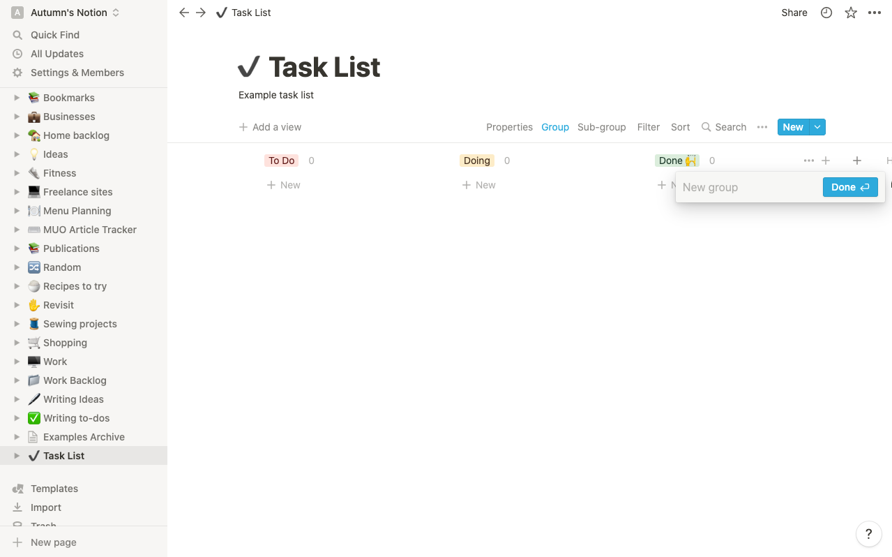 Доска управления проектом с опцией добавить группу