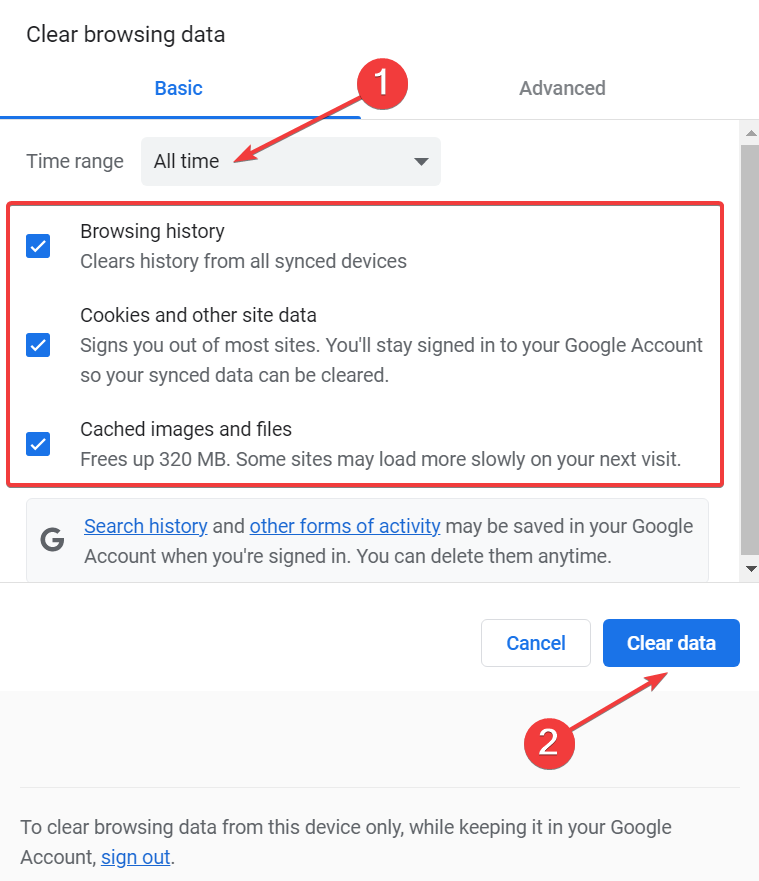 Окно «Очистить данные просмотра» в Chrome