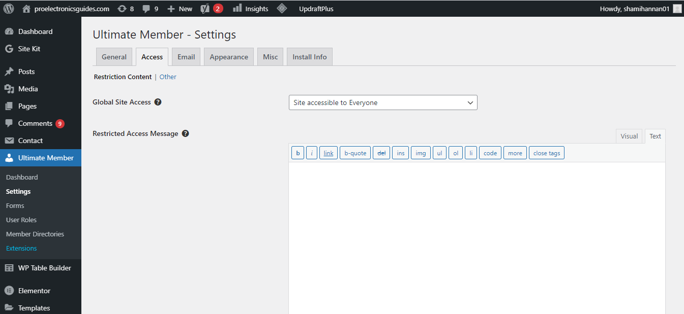 Вкладка «Access» в настройках Ultimate Member (ограничение доступа)