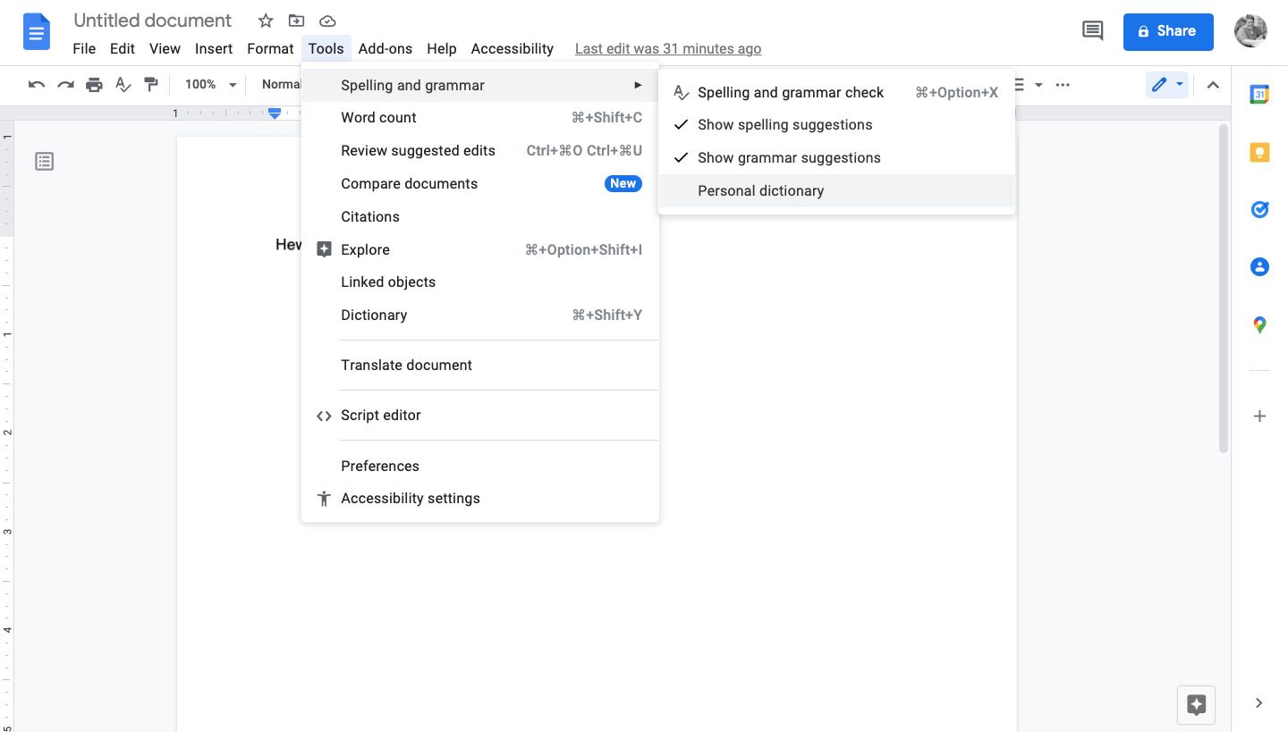 Меню Инструменты в Google Docs