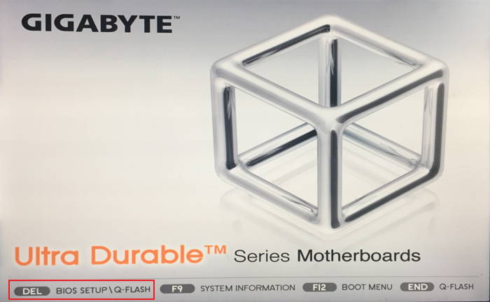 Экран загрузки Gigabyte с подсказкой нажатия клавиши для входа в BIOS
