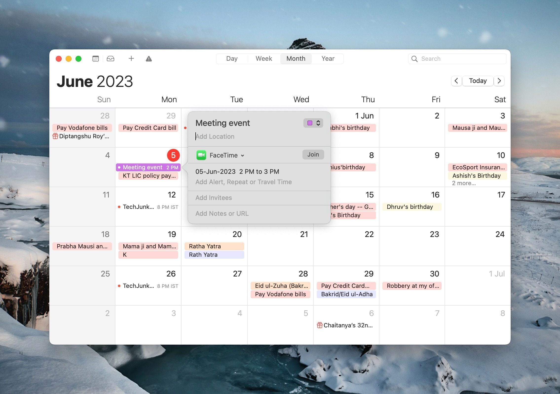 Опция FaceTime в Календаре на Mac