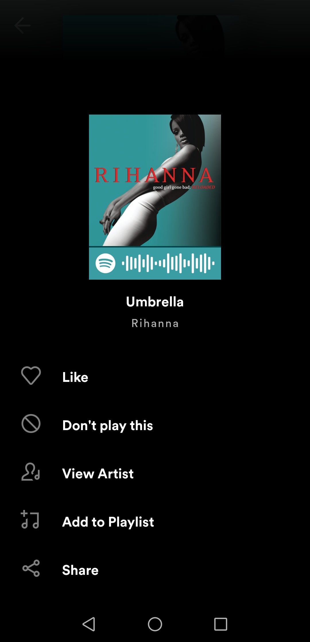 Скрытие найденной песни через меню в Spotify