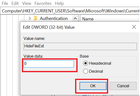 Finestra di modifica del valore HideFileExt impostata su 0