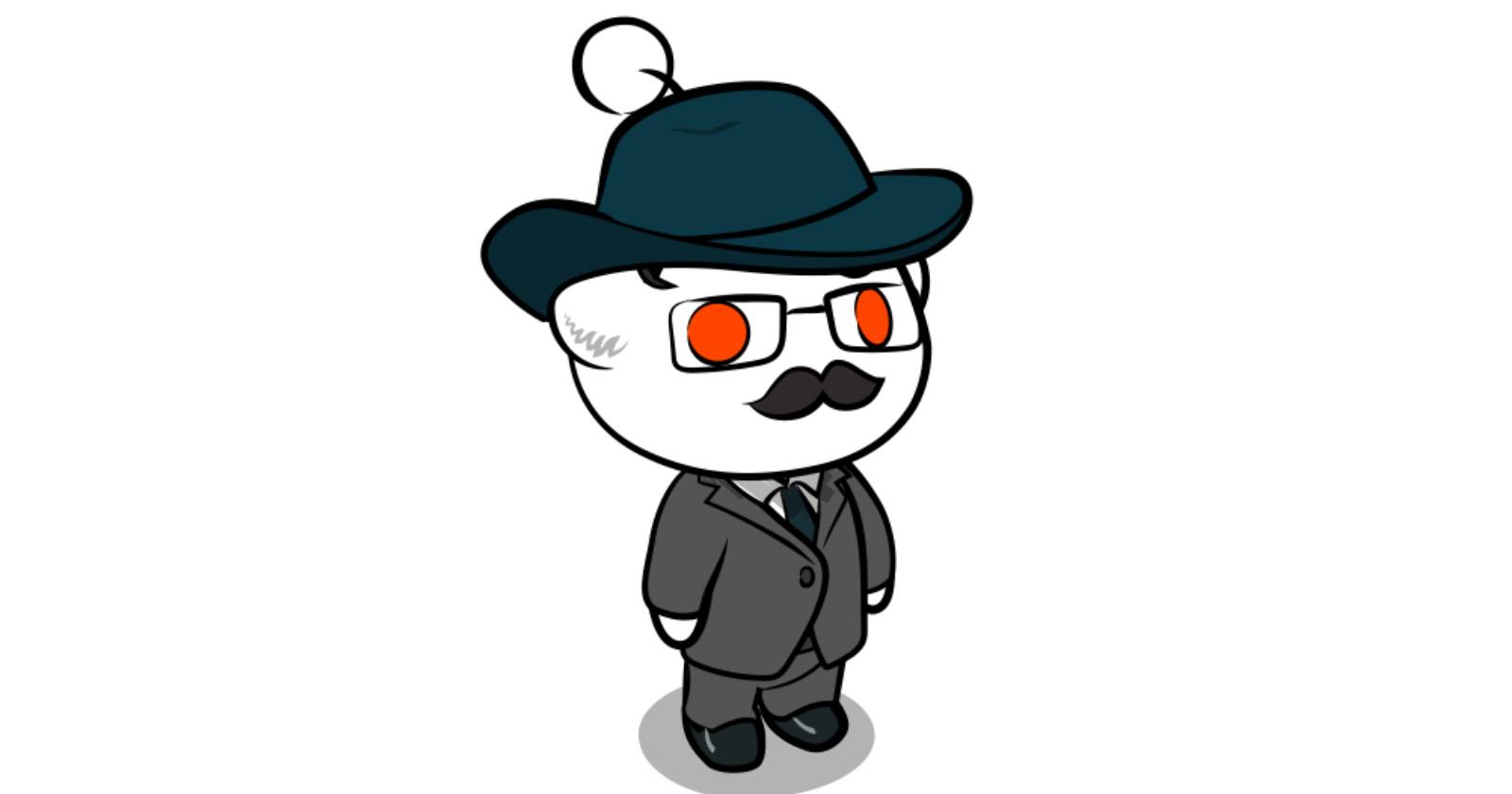 Аватар Reddit в костюме, в очках и шляпе с полями.
