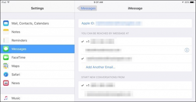 Выбор номера телефона iPhone в настройках iPad для iMessage