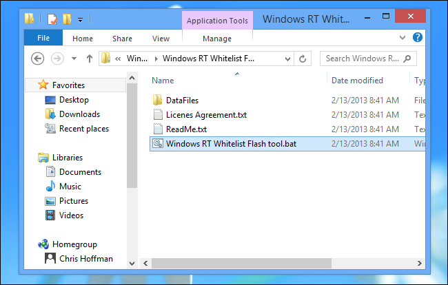 Arquivo do script Windows RT Whitelist Flash selecionado