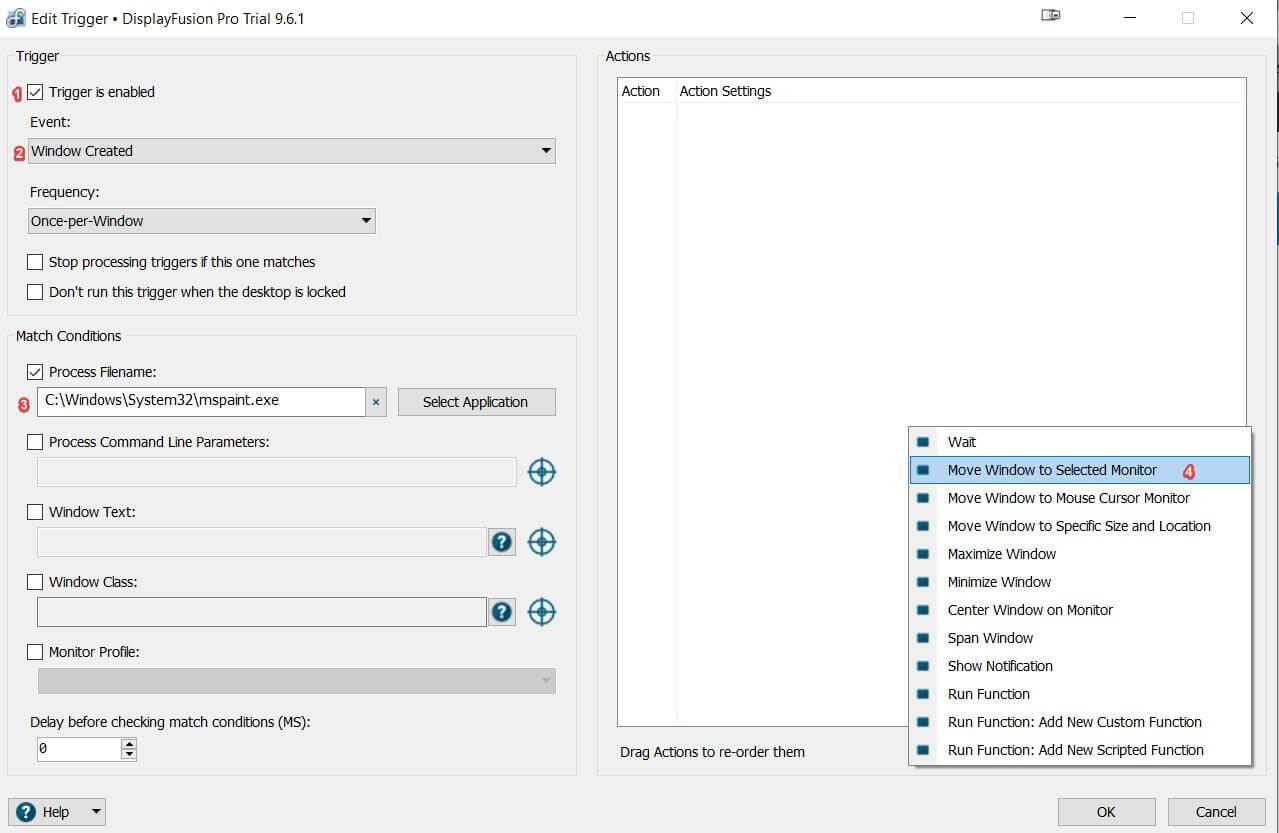 Экран триггеров DisplayFusion с настройками события