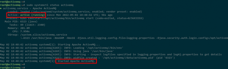Скриншот сервиса activemq в systemctl, статус running