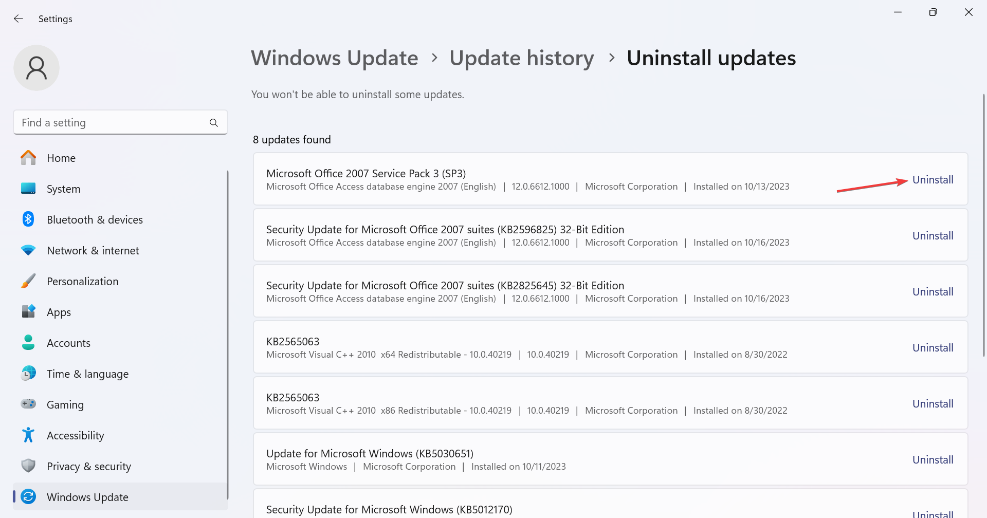 Список установленных обновлений — кнопка 'Удалить'