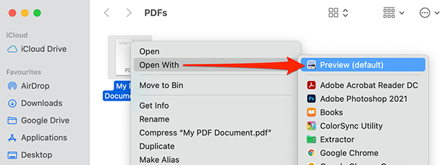 Контекстное меню PDF в Finder