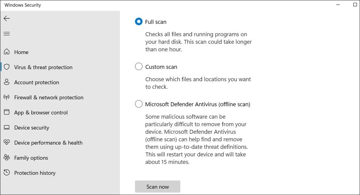 Полное сканирование системы в Windows Security