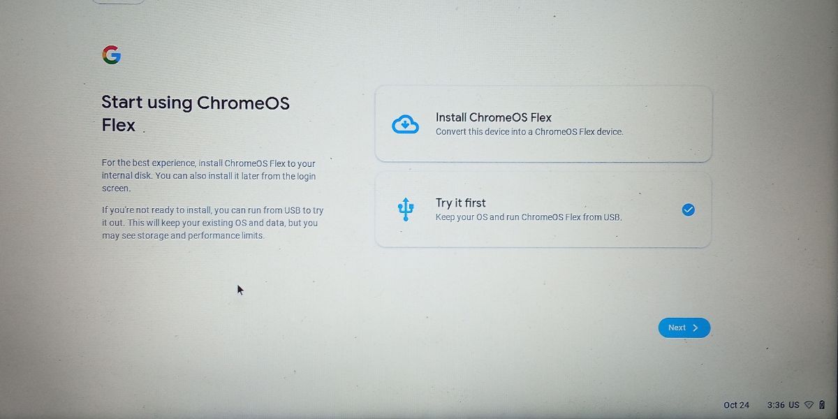 Выбор опции «Try it first» в ChromeOS Flex