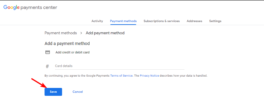 Форма ввода данных карты и кнопка Save